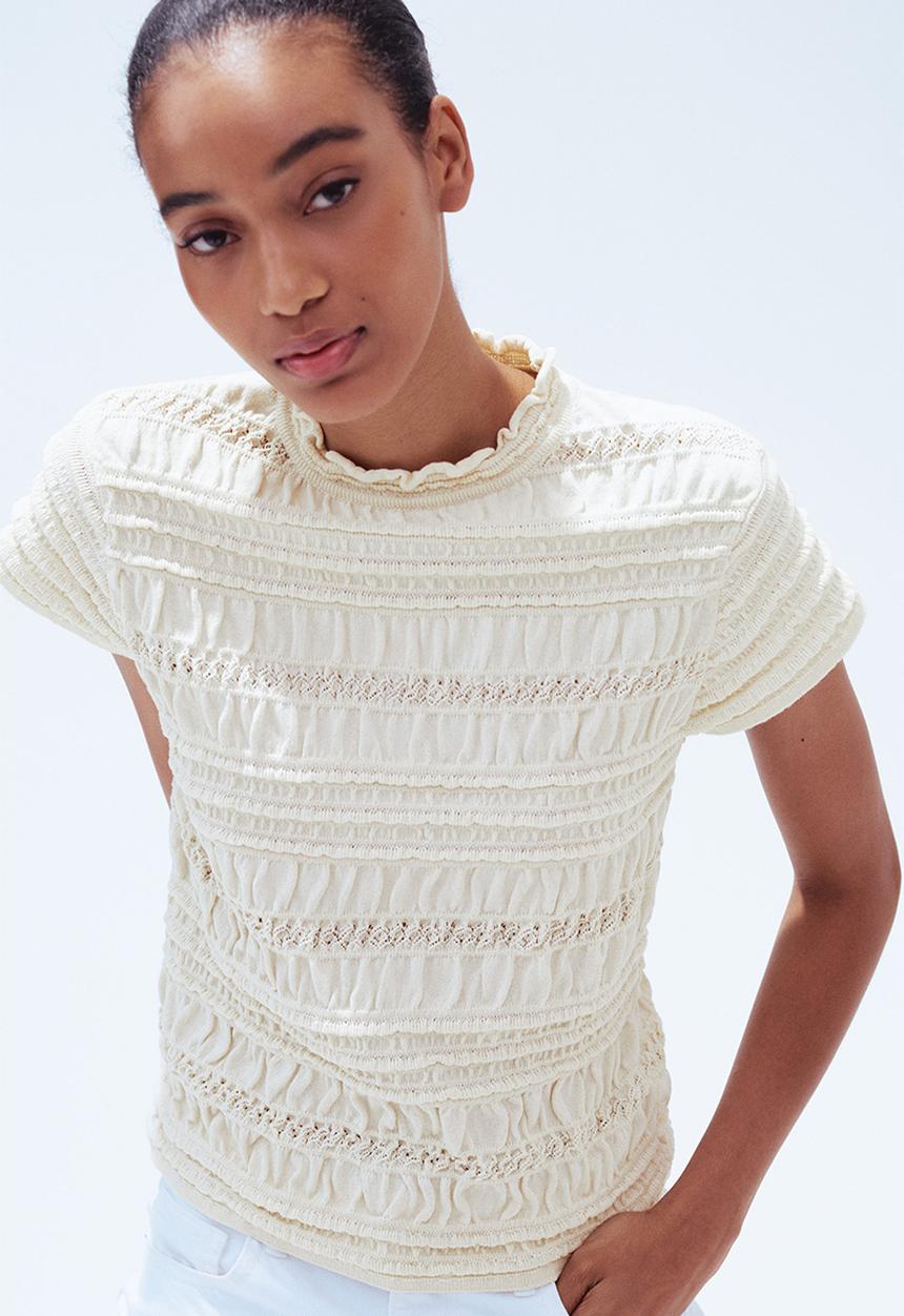 H&M - Smocked pointelle-knit top - cream