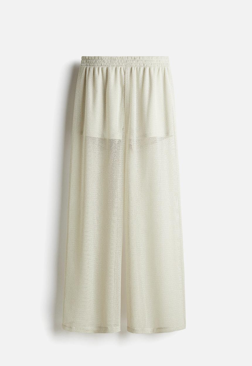 H&M - Wide hole-knit trousers - light greige 