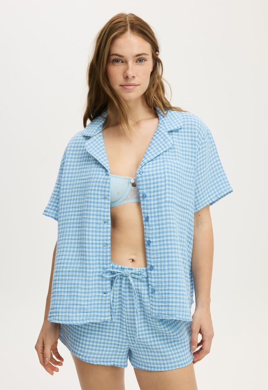 Cotton On - Relax short sleeve sleep set - flossy gingham hazy mint/adrift blue