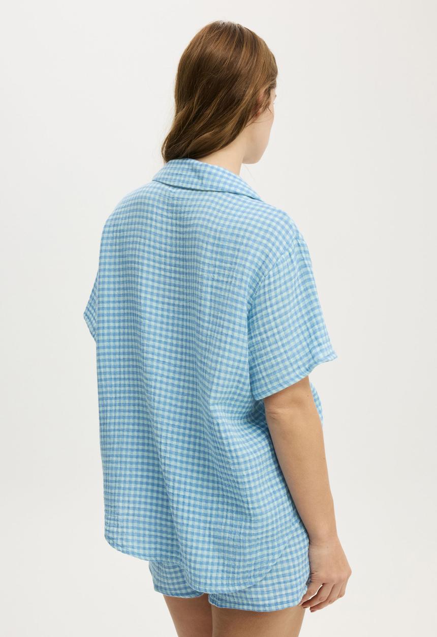 Cotton On - Relax short sleeve sleep set - flossy gingham hazy mint/adrift blue