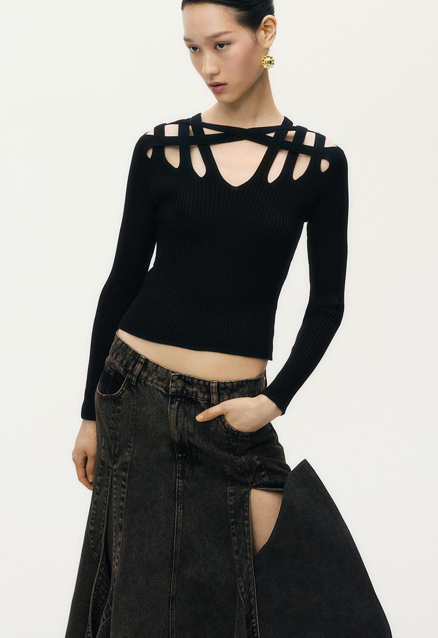 H&M - Glenn Martens H&M: Flared denim skirt - dark brown