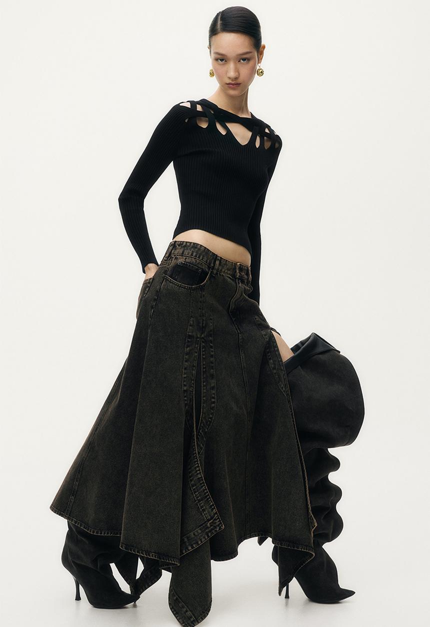 H&M - Glenn Martens H&M: Flared denim skirt - dark brown
