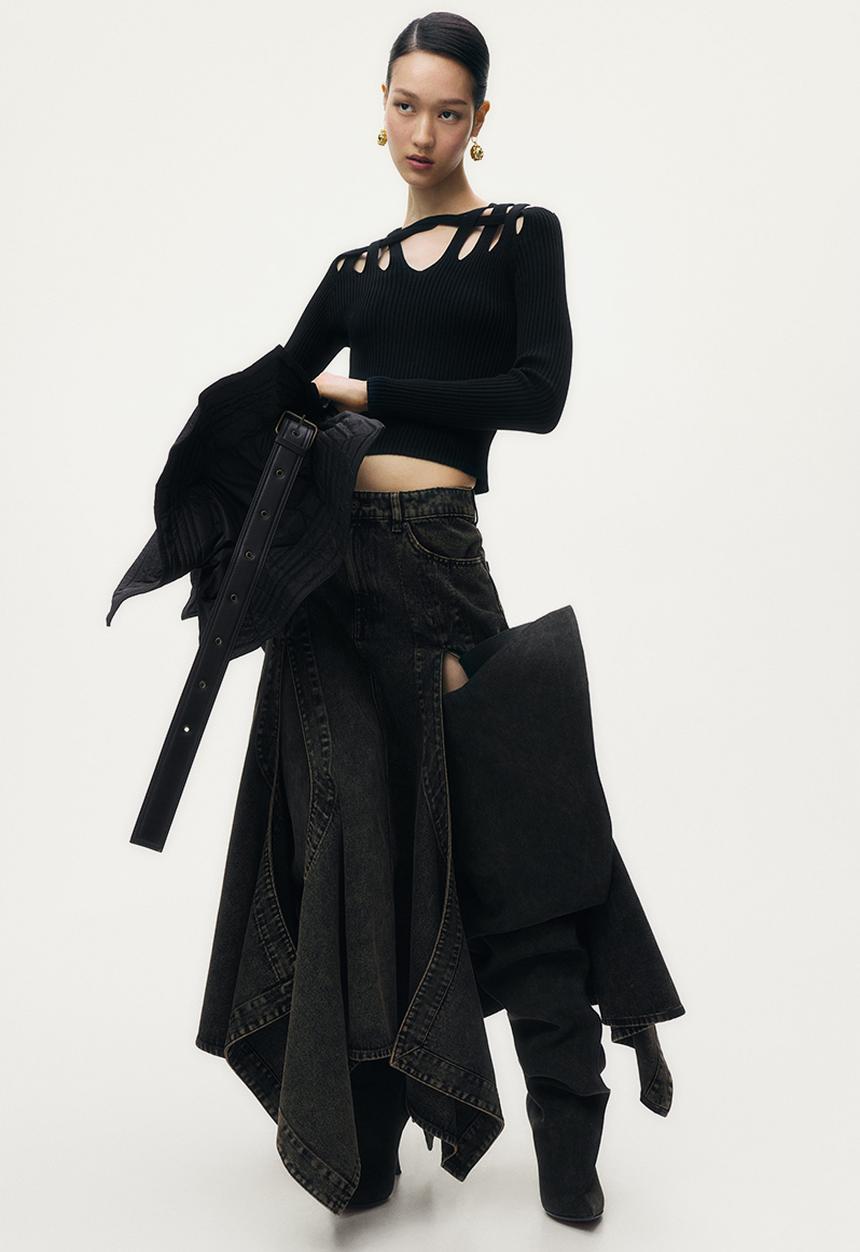 H&M - Glenn Martens H&M: Flared denim skirt - dark brown