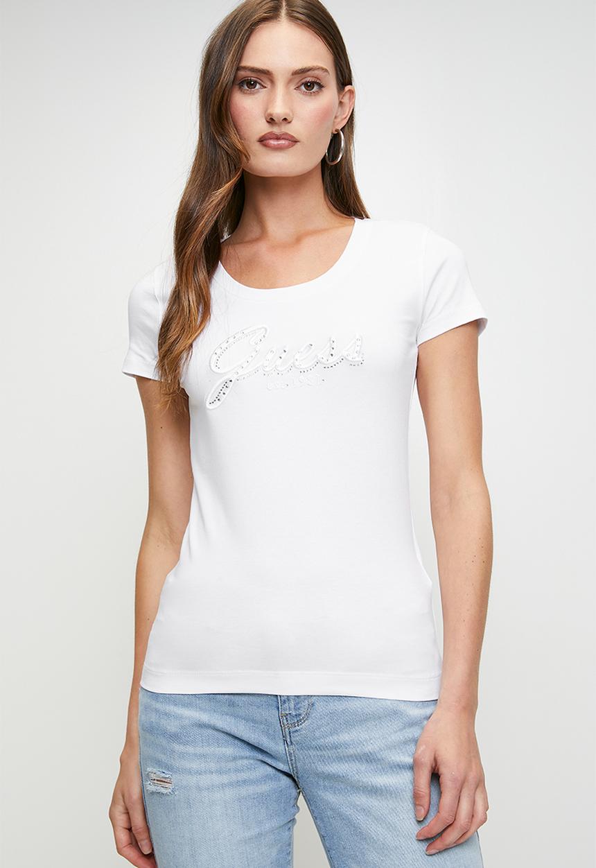 GUESS - Cn Ss Embro Script Logo Tee - Pure White