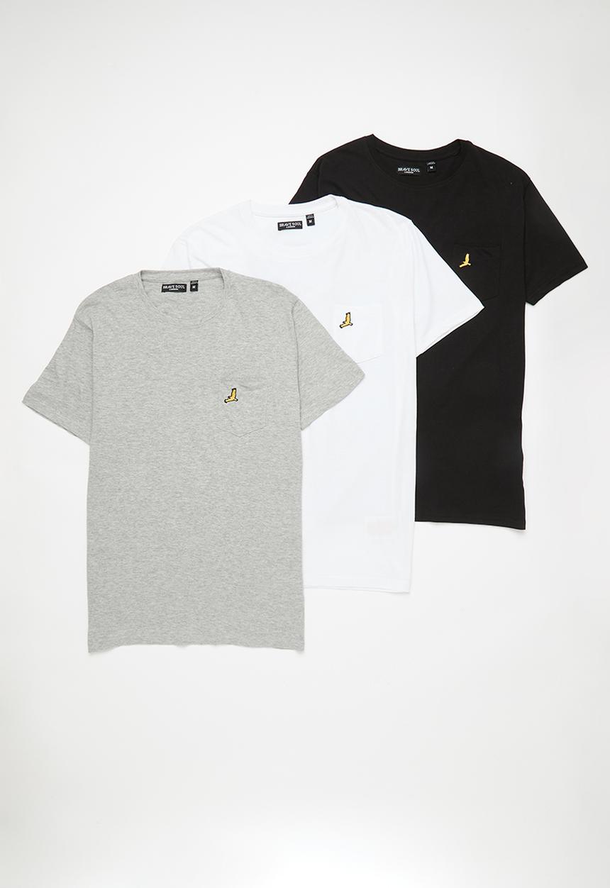 Brave Soul - 3 Pack Tee - Black, White & Light Grey Marl