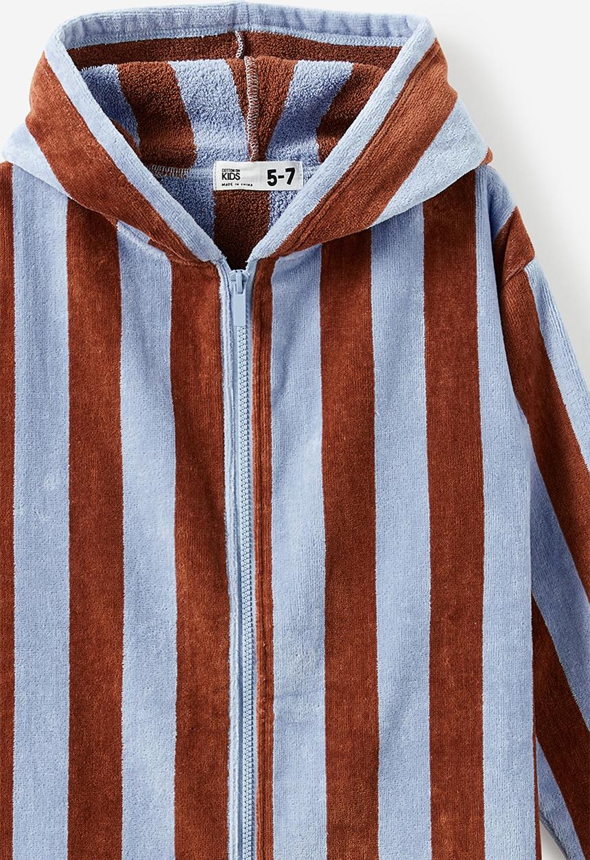 Cotton On - Kids zip thru hooded towel - dawn blue/chestnut bold stripe