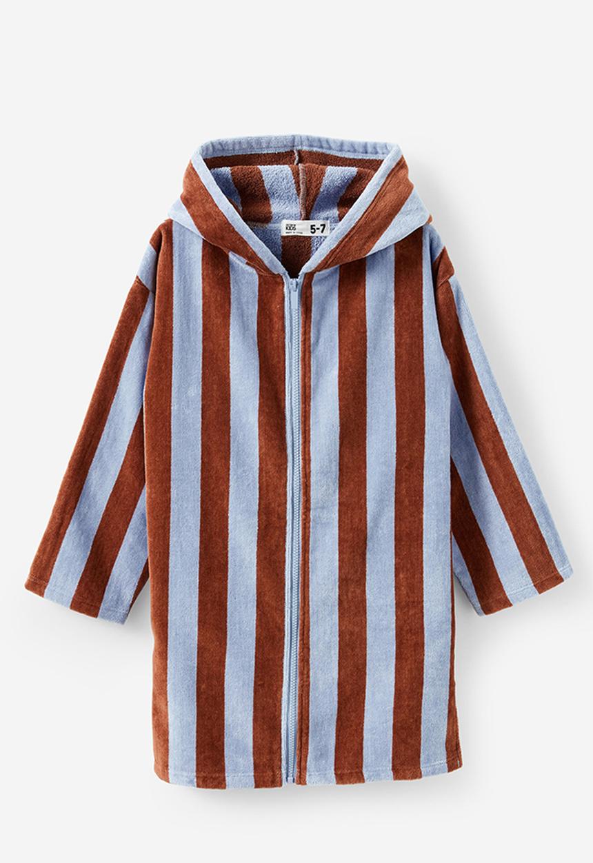 Cotton On - Kids zip thru hooded towel - dawn blue/chestnut bold stripe