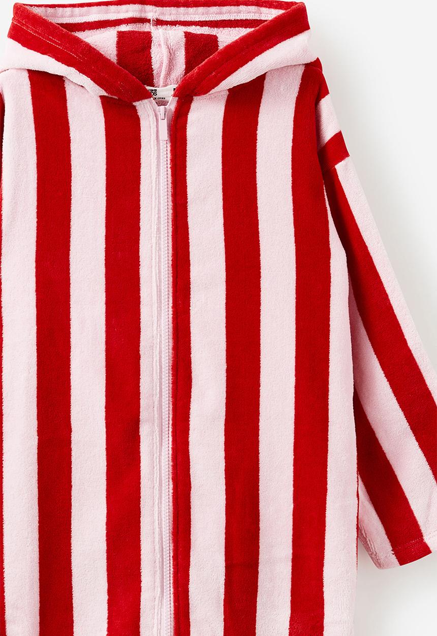 Cotton On - Kids zip thru hooded towel - varsity red/tea party pink bold stripe