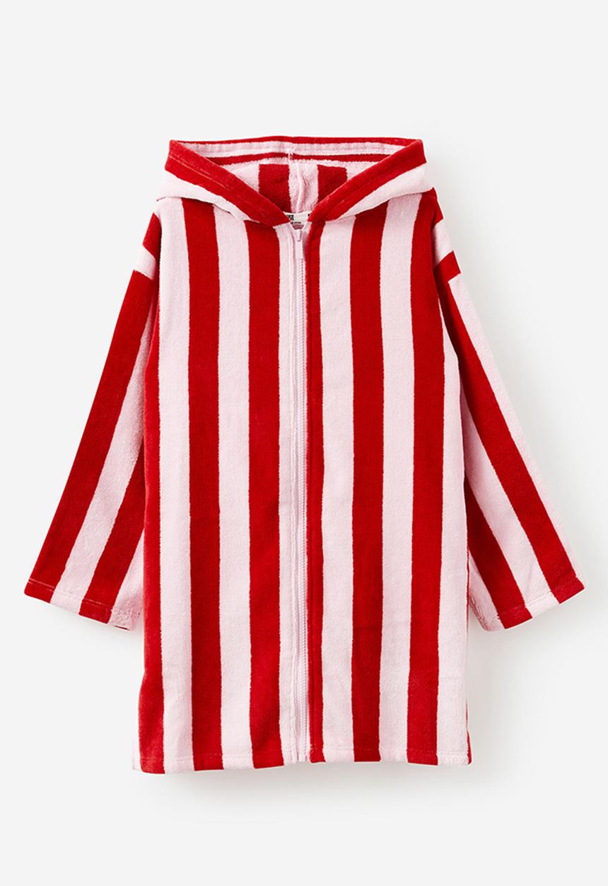 Cotton On - Kids zip thru hooded towel - varsity red/tea party pink bold stripe
