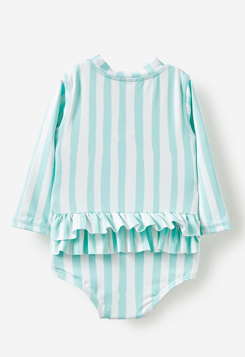 Cotton On - Lucy long sleeve ruffle back swimsuit - blue aura/candy stripe