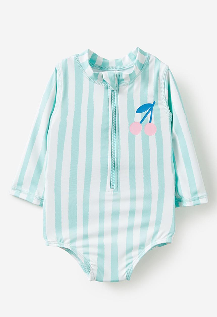 Cotton On - Lucy long sleeve ruffle back swimsuit - blue aura/candy stripe