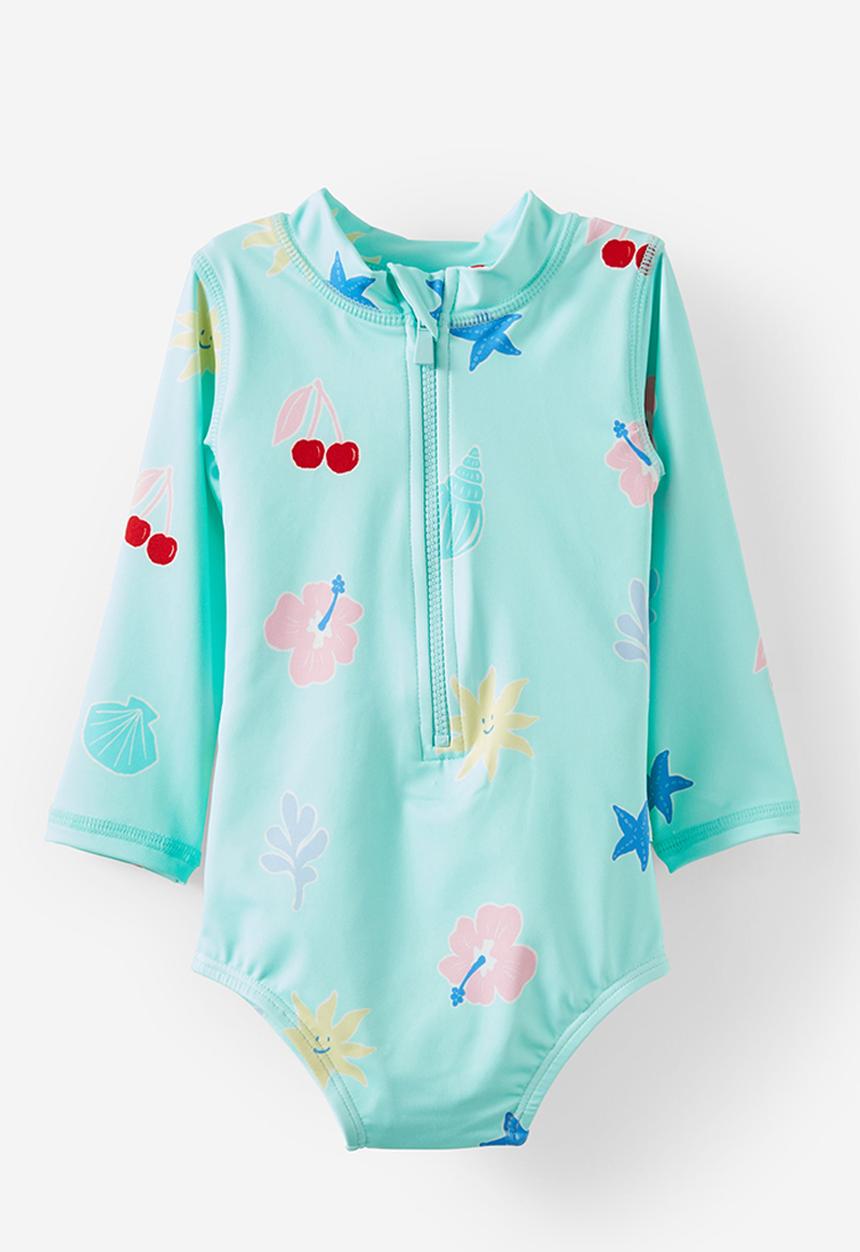 Cotton On - Lucy long sleeve ruffle back swimsuit - blue aura/tropical tides