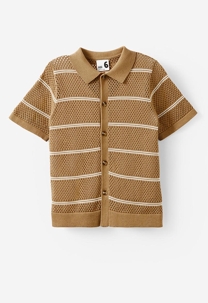 Cotton On - Knitted short sleeve shirt - washed stone/vanilla