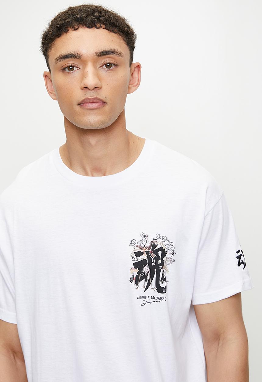 Brave Soul - Crew Neck Oversized T-Shirt - Optic White/Multi-Colour Print