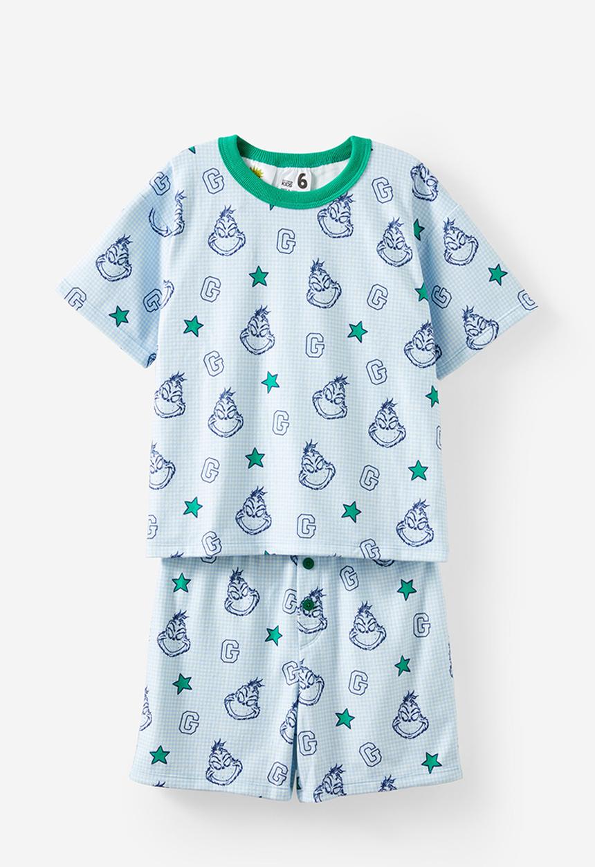 Cotton On - Damon short sleeve pyjama set license - lcn drs dawn blue/grinch houndstooth yardage
