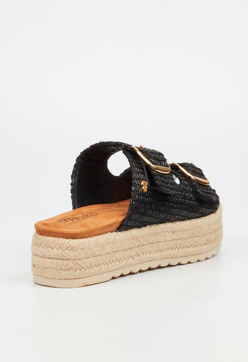 Miss Black - Connie 1 light-weight comfort double buckle rope flatform - black