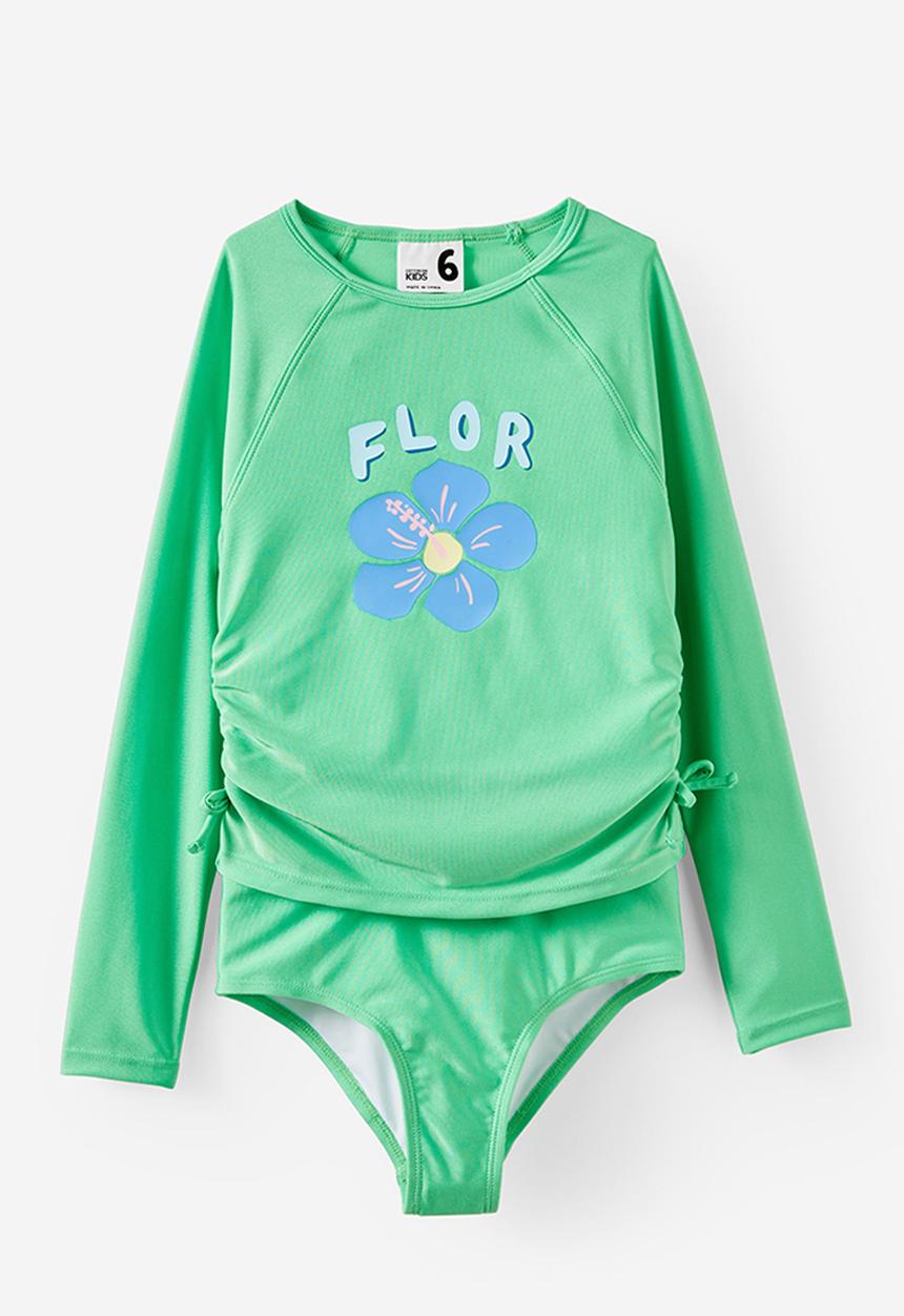 Cotton On - Florence l/s rashie and bikini bottom set - tennis green/hibiscus