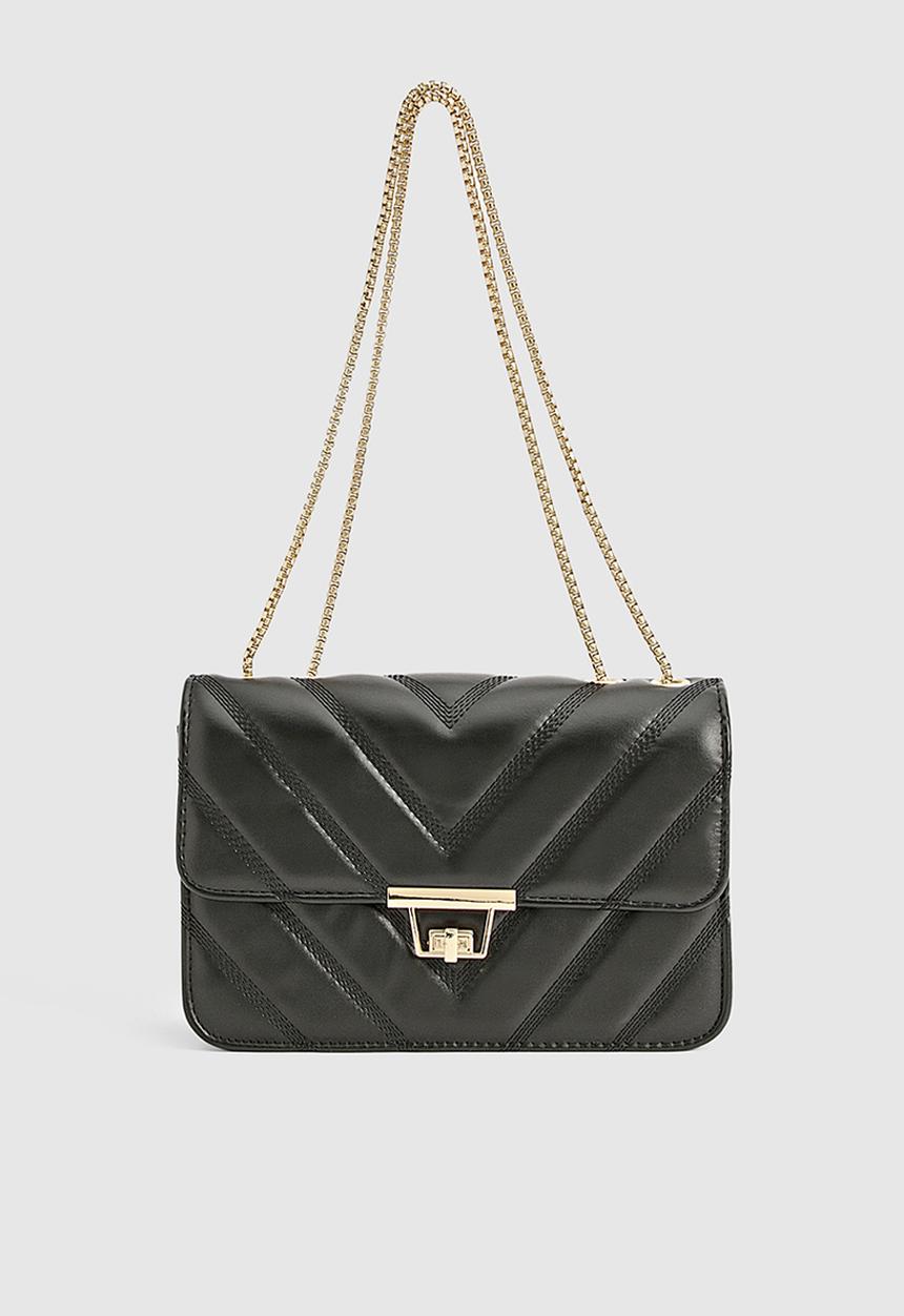 Quilted faux leather crossbody chain bag- black