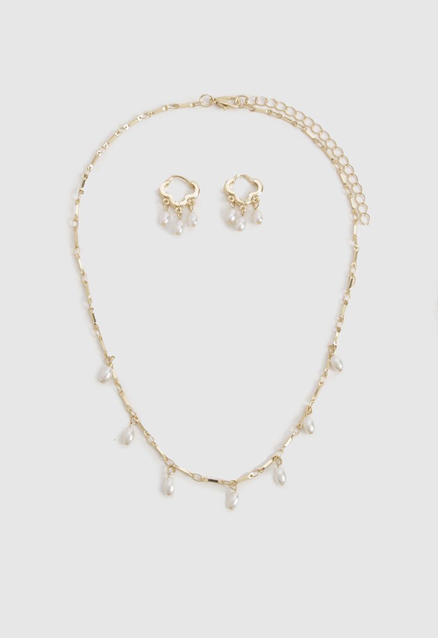 boohoo - Pearl detail hoop earrings & necklace multipack - gold