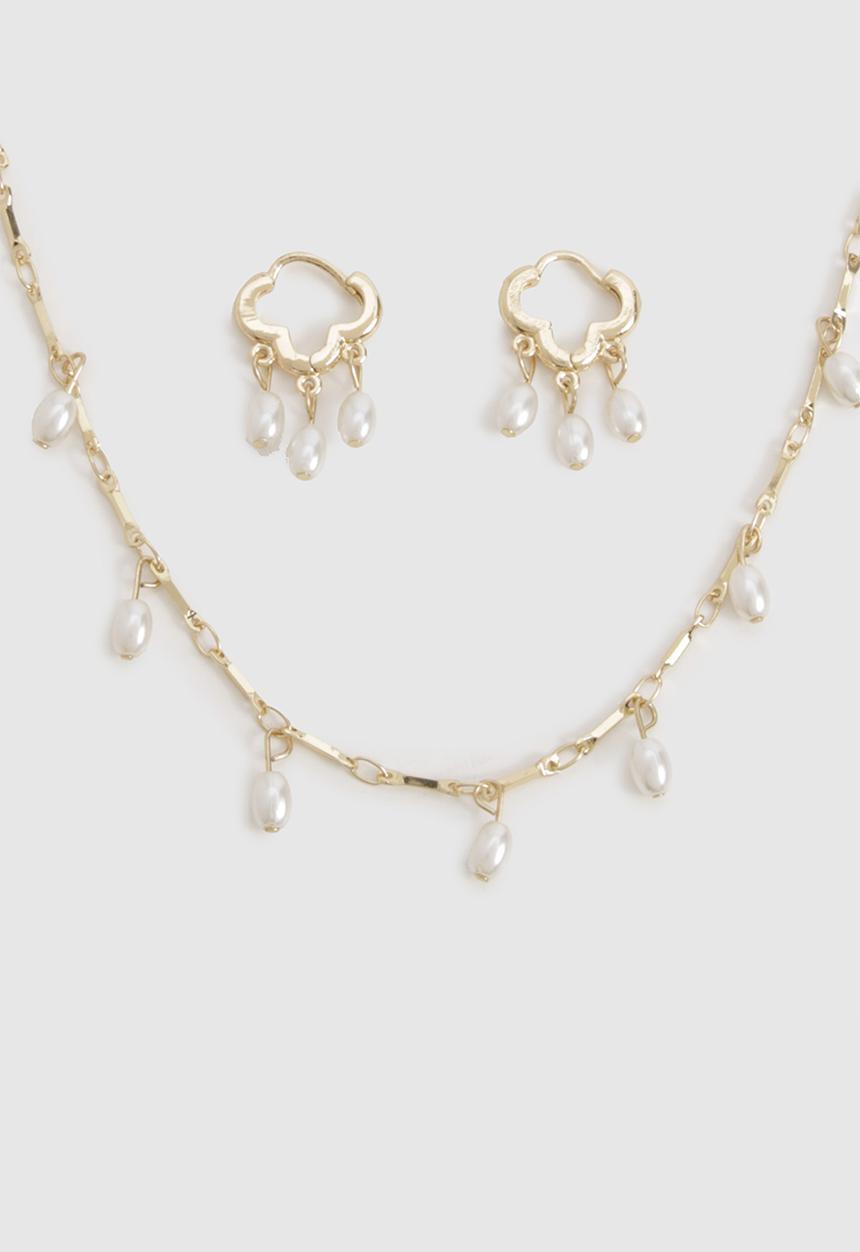 boohoo - Pearl detail hoop earrings & necklace multipack - gold