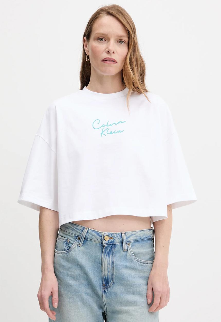 Calvin Klein - Cropped boxy chain stitch logo tee - brilliant white