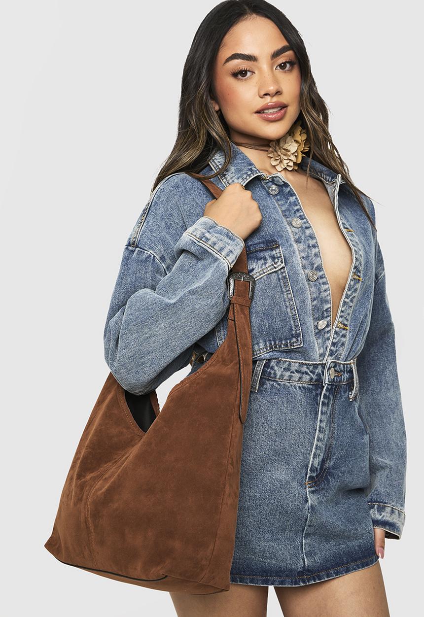 boohoo - Western buckle faux suede slouchy shoulder bag - tan