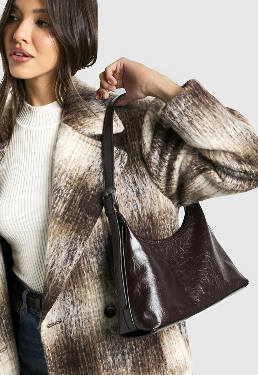 boohoo - Western buckle patent pu shoulder bag - chocolate