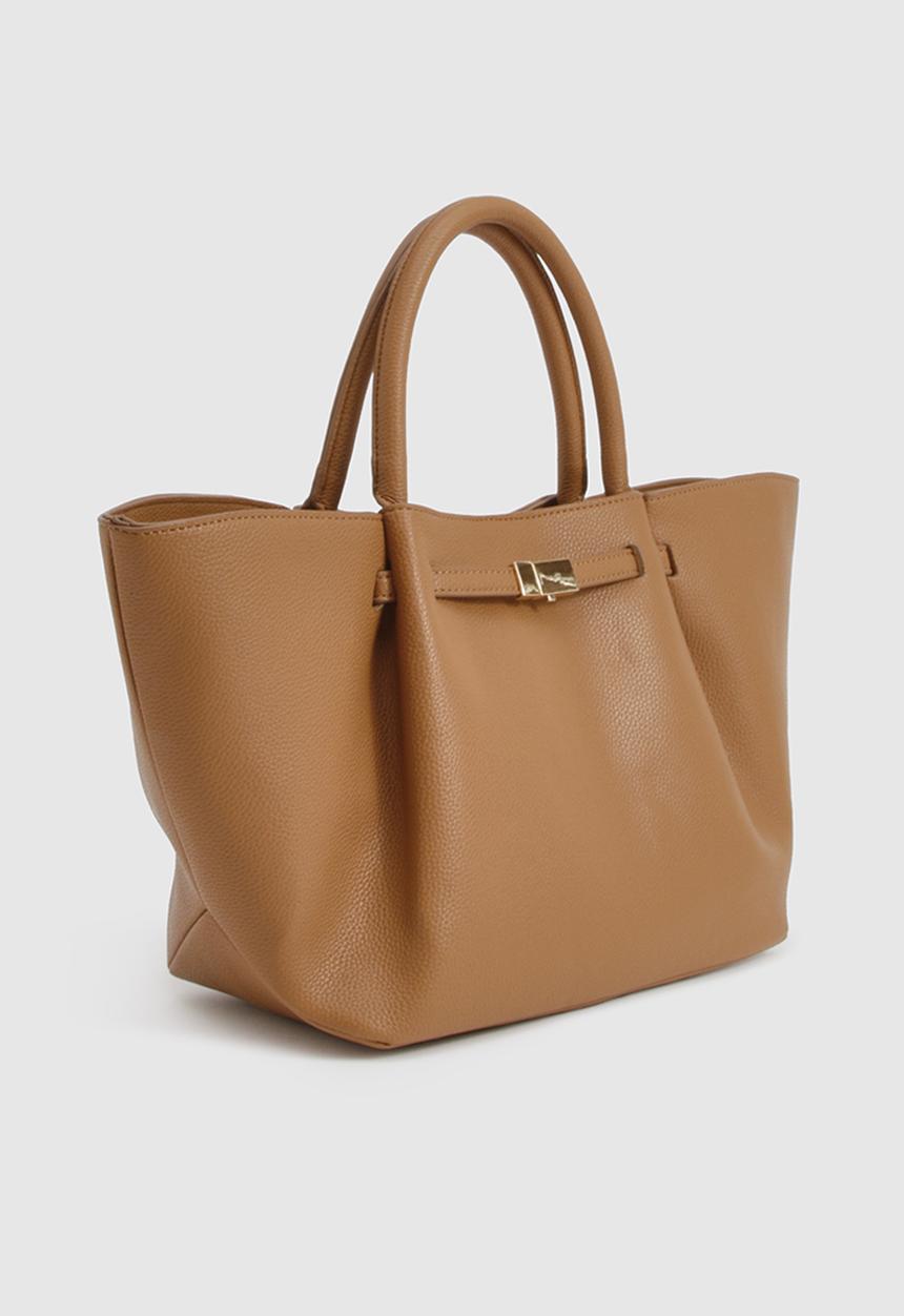 boohoo - Clasp detail textured pu tote bag - tan