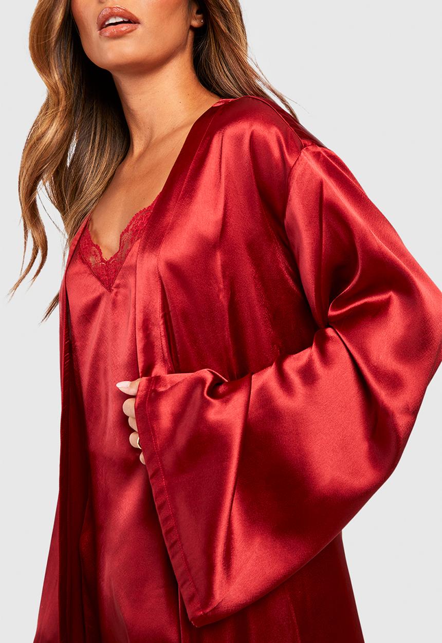 Flare sleeve tie waist satin robe - red