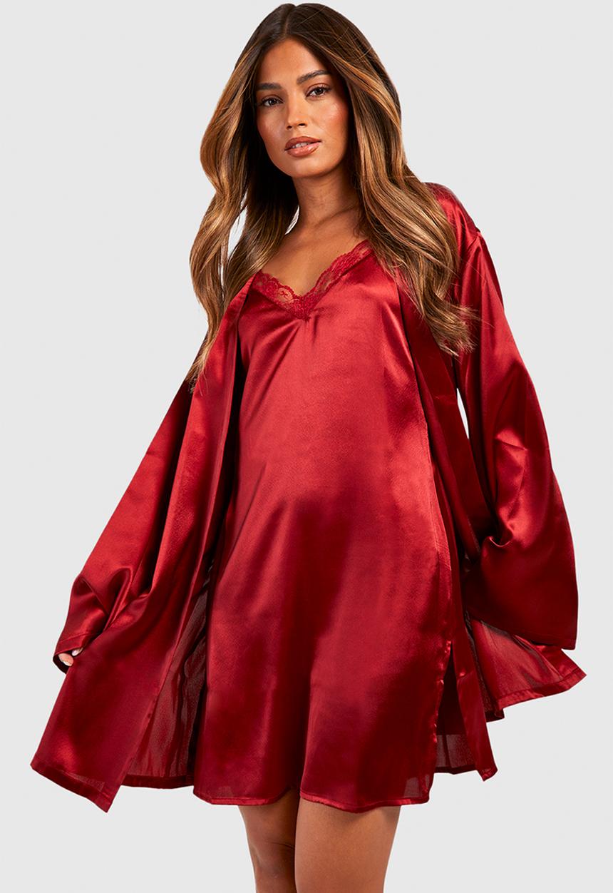 Flare sleeve tie waist satin robe - red
