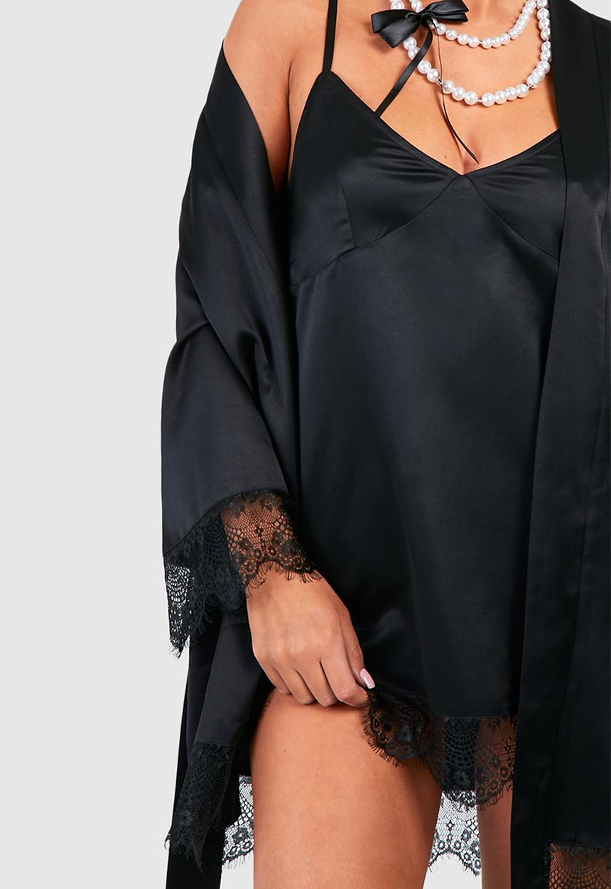 boohoo - Satin lace trim robe - black
