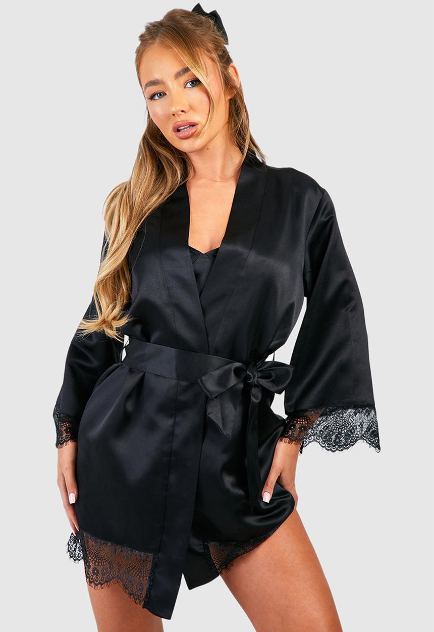 boohoo - Satin lace trim robe - black