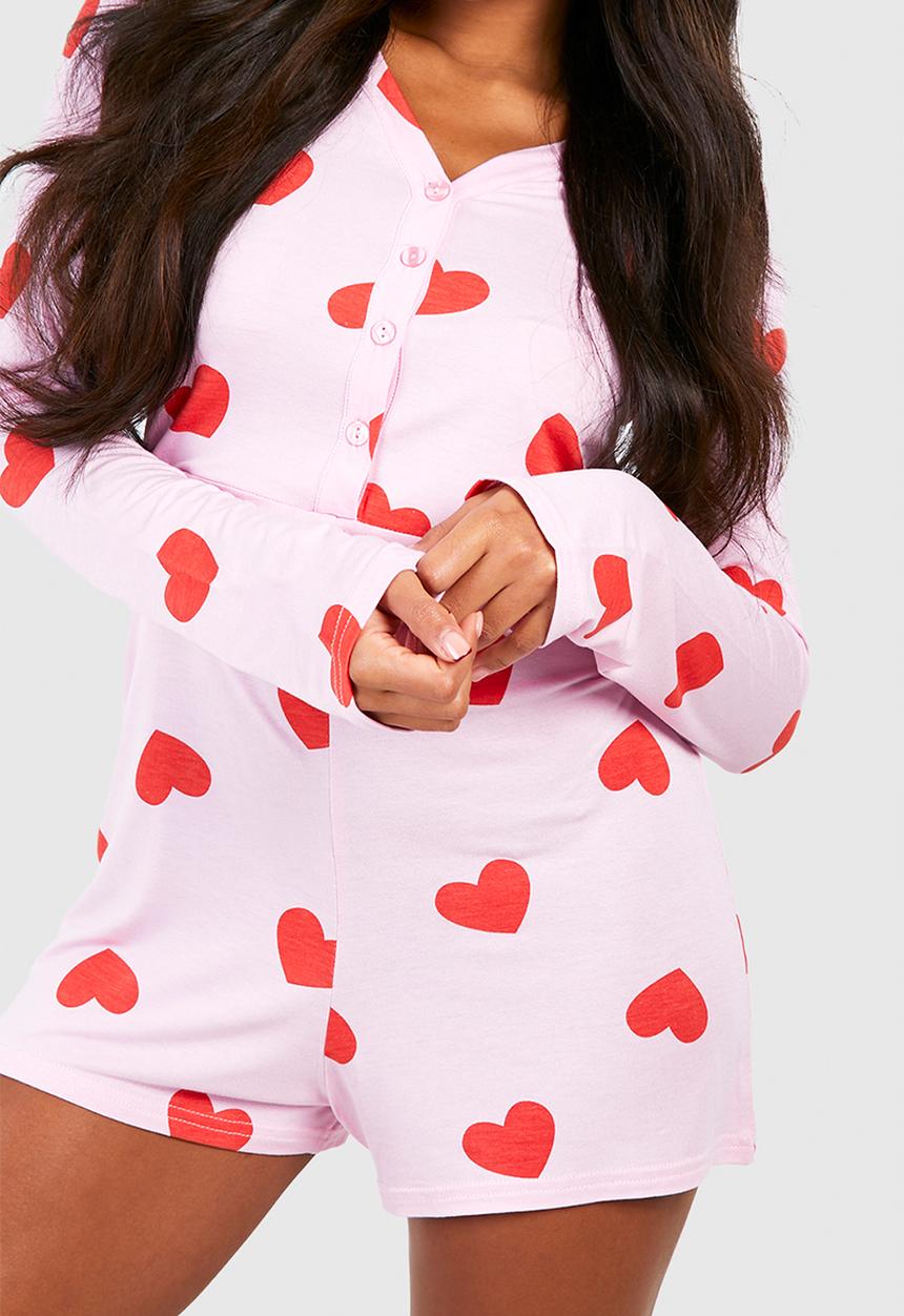 boohoo - Heart print button front romper - pink