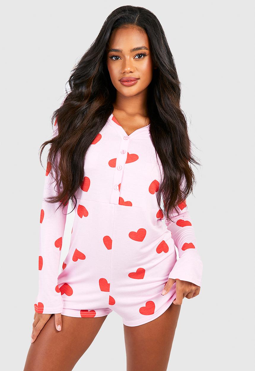 boohoo - Heart print button front romper - pink