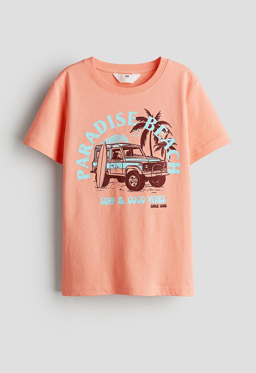 H&M - Printed T-shirt - light orange/paradise beach 
