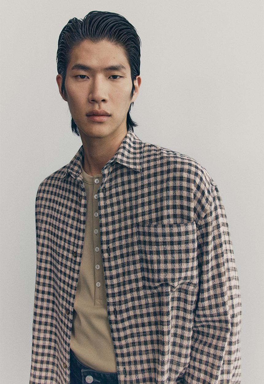 H&M - Checked cotton shirt - beige/dark blue checked 