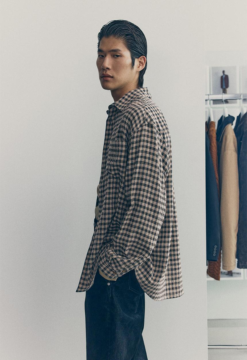 H&M - Checked cotton shirt - beige/dark blue checked 