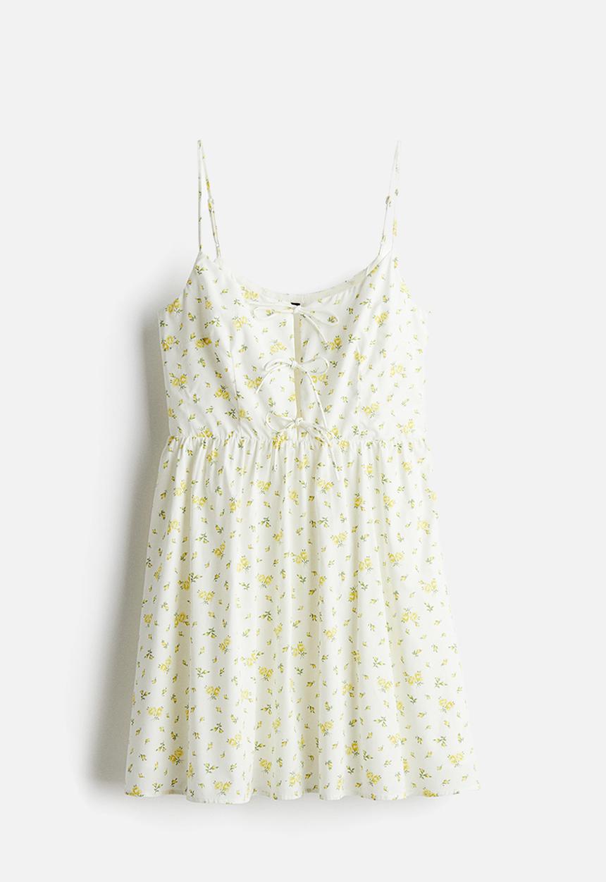 H&M - Tie-detail poplin dress - white floral