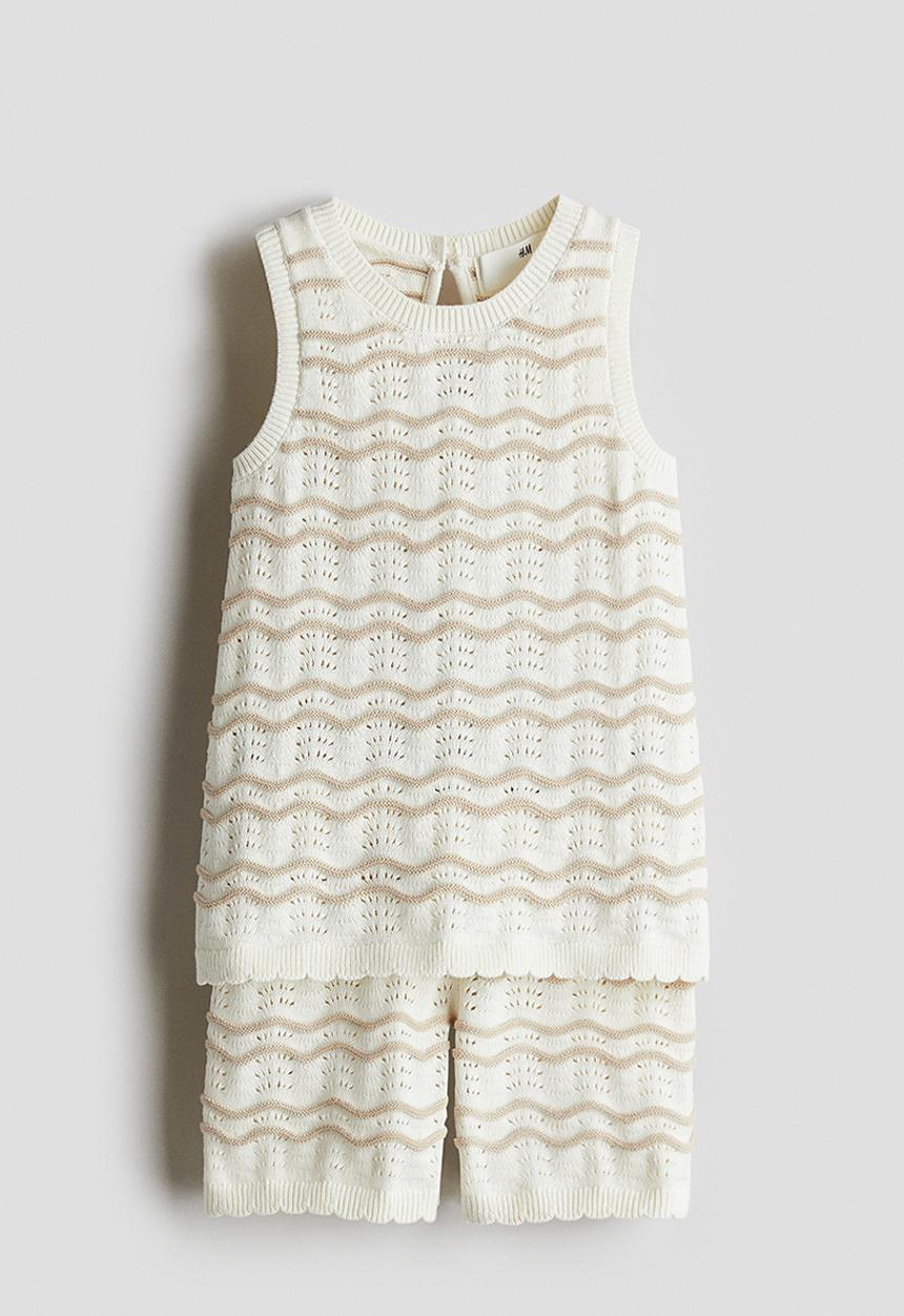 H&M - 2-Piece pointelle-knit set - white/beige striped 