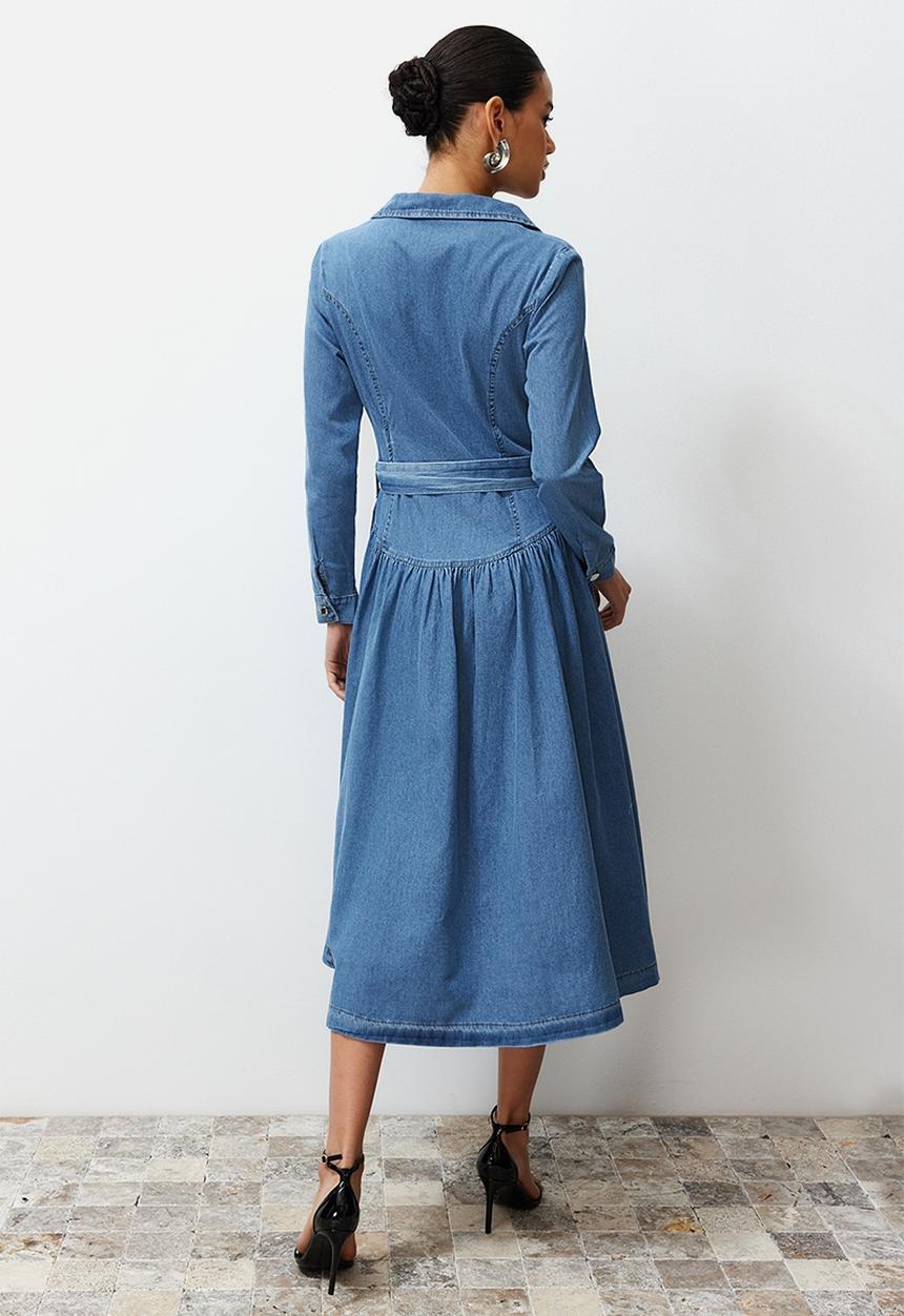 Trendyol - Belted Jacket Collar Maxi Denim Dress - Light blue