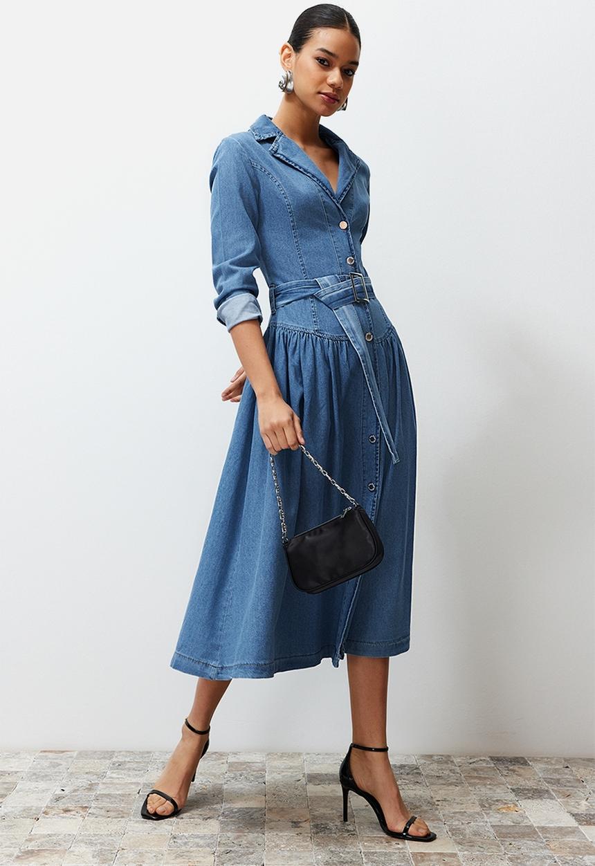 Trendyol - Belted Jacket Collar Maxi Denim Dress - Light blue
