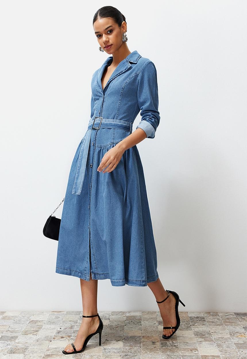 Trendyol - Belted Jacket Collar Maxi Denim Dress - Light blue