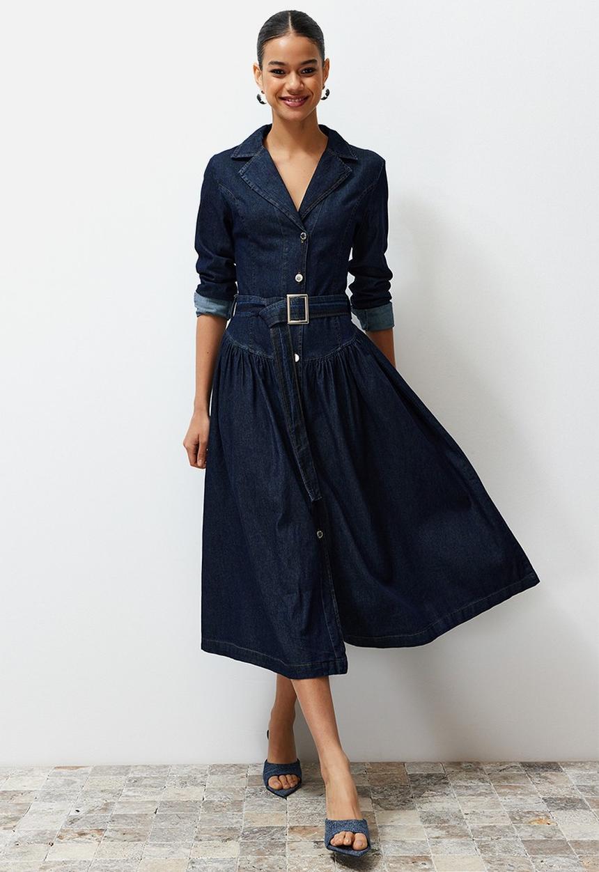 Trendyol - Belted Jacket Collar Maxi Denim Dress - Blue