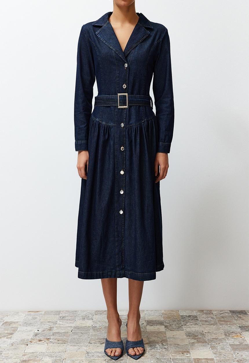 Trendyol - Belted Jacket Collar Maxi Denim Dress - Blue