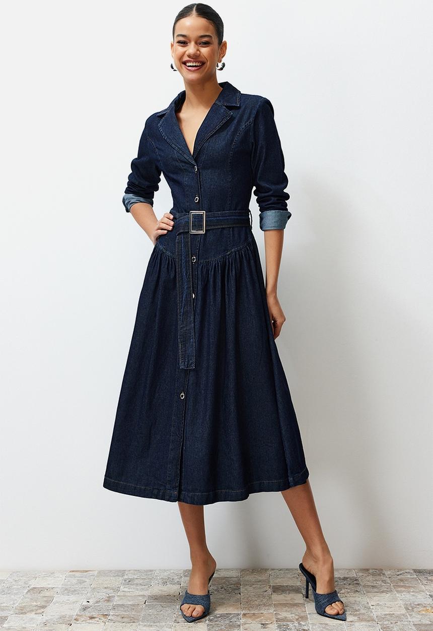 Trendyol - Belted Jacket Collar Maxi Denim Dress - Blue