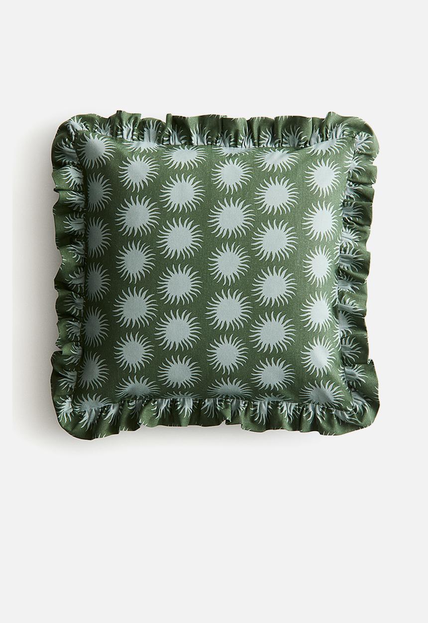 H&M - Frill-trimmed cushion cover - dark green patterned