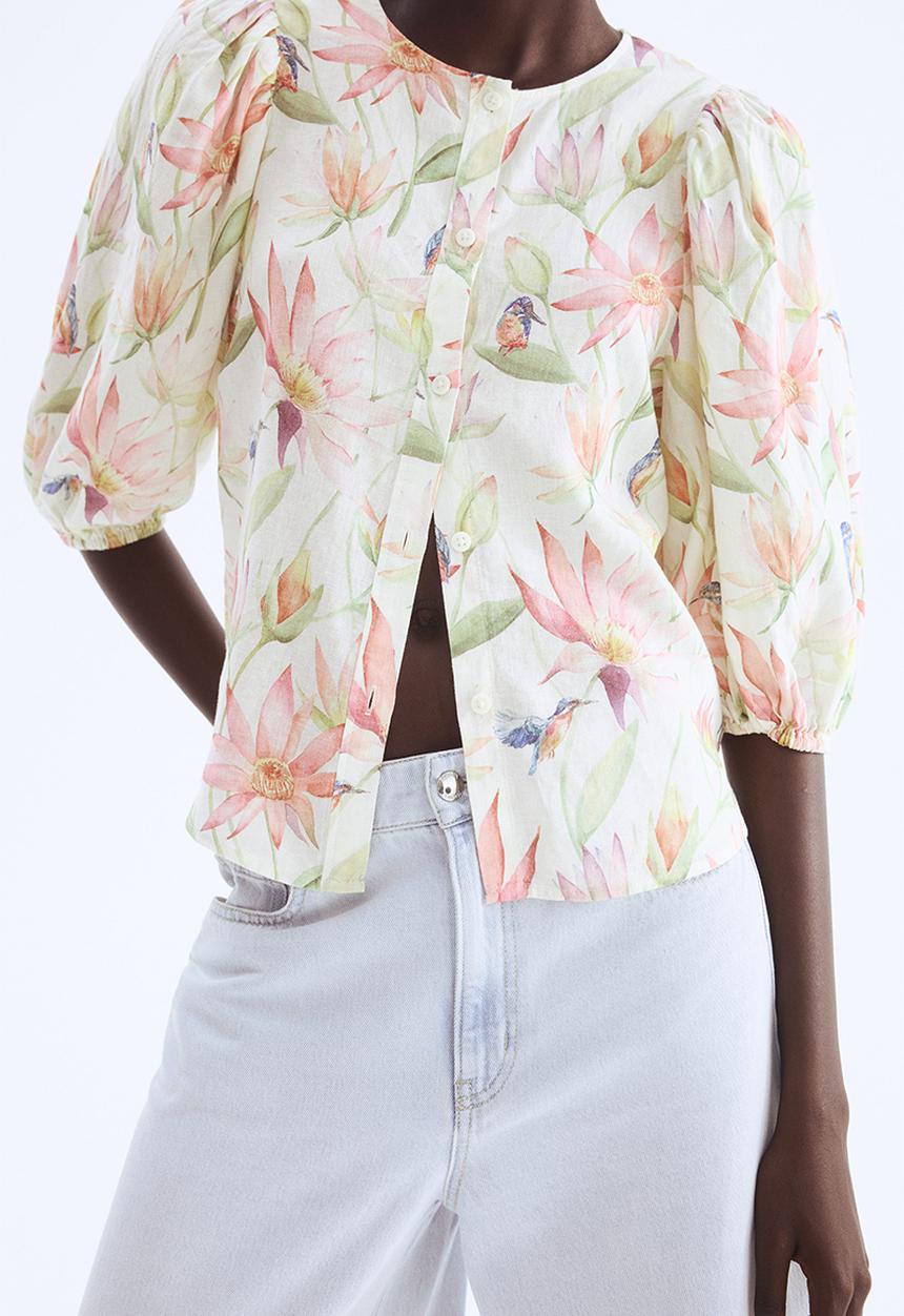 H&M - Linen-blend blouse - white/floral