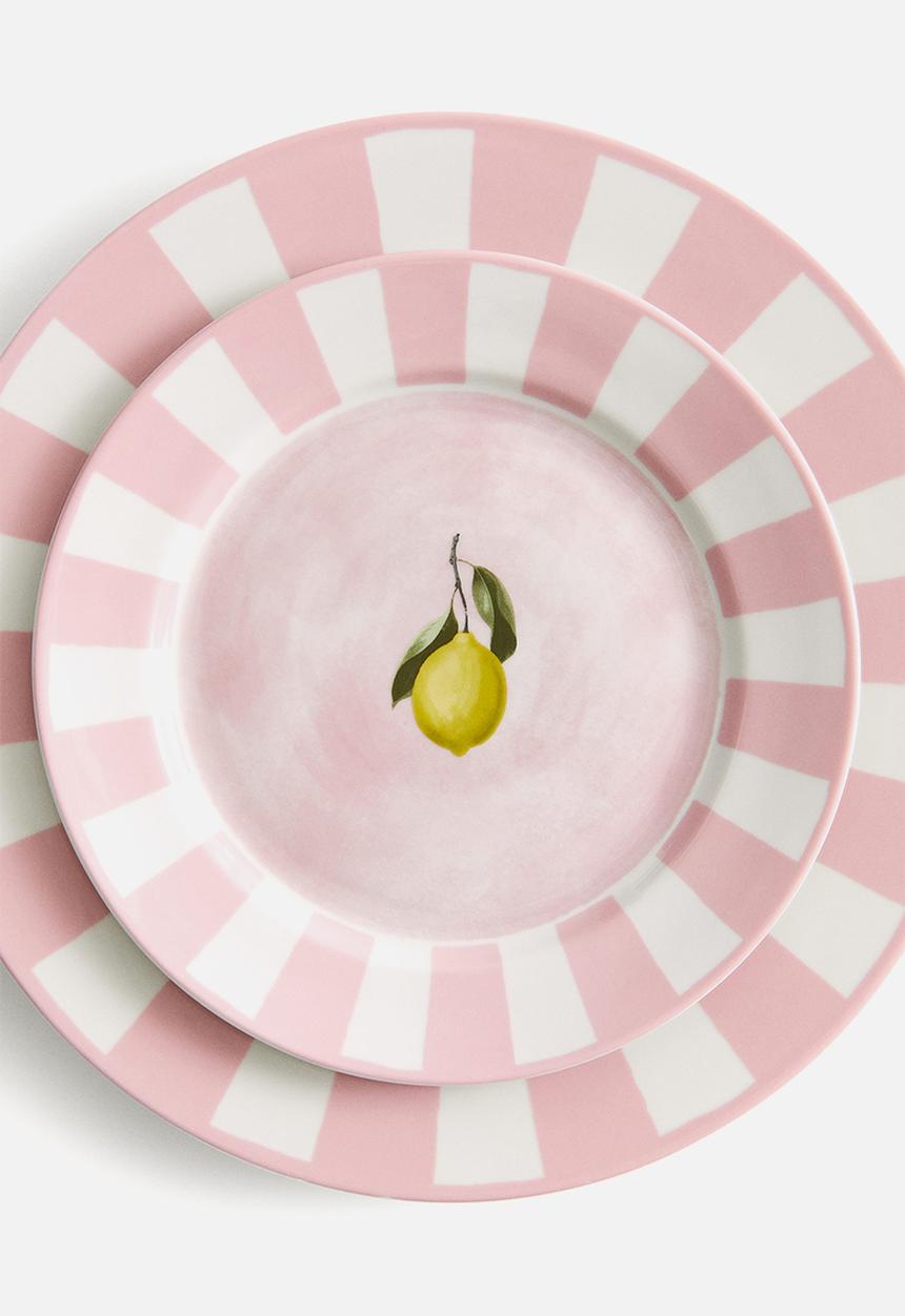 H&M - Motif-detail porcelain mid plate - pink/lemon