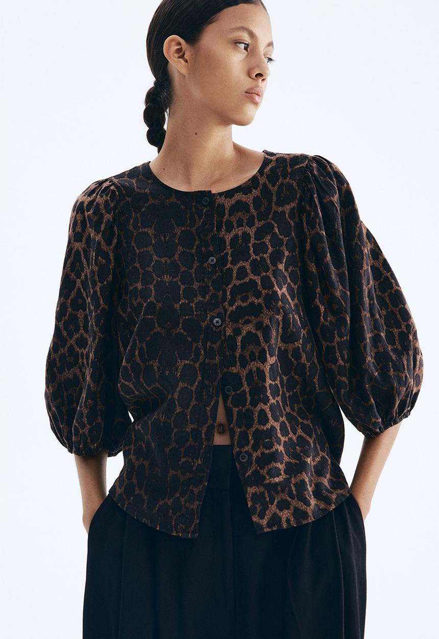 H&M - Linen-blend blouse - brown/leopard print