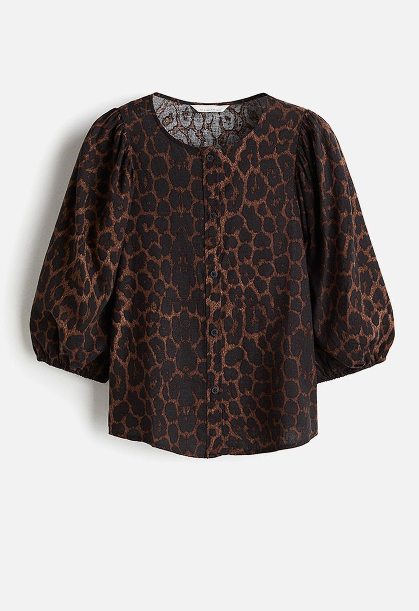 H&M - Linen-blend blouse - brown/leopard print